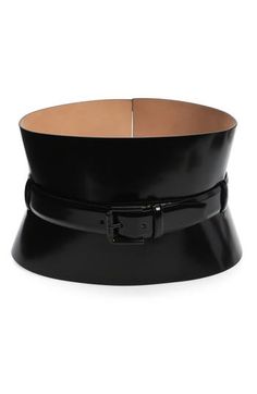 A wide hourglass silhouette gives shape to this superglossy leather belt. Leather Made in Italy Luxury Corset Belt For Evening, Modern Black Corset Belt With Belt Loops, Luxury Corset Belt For Party, Luxury Party Corset Belt, Luxury Fitted Black Belt, Black Belt For Office Wear, Fitted Black Belt For Office, Black Corset Belt For Evening, Designer Party Belts With Self Belt