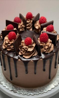 a chocolate cake topped with raspberries and chocolate ganache