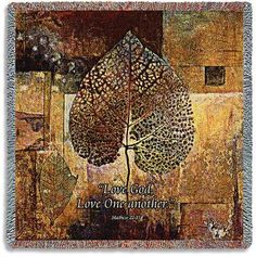 a tapestry with an image of a tree and the words love god, love one another