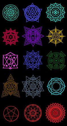 six different types of geometric designs on a black background