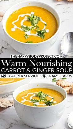 Looking for a warm and invigorating soup? This Carrot and Ginger Soup combines earthy carrots, fresh ginger, and a hint of spice for a cozy yet bright bowl of goodness. With a silky finish and light, nourishing ingredients, it’s perfect for when you need a little lift or just want something comforting. Make this Carrot and Ginger Soup and enjoy a nourishing, cozy meal! #CarrotSoup #GingerSoup #HealthySoup #NourishingMeals #CozyFood #SoupSeason | @HappyBodyProject Carrot And Ginger Soup, Soup Pairings, Carrot Ginger Soup, Ginger Soup, Citrus Vinaigrette, Light Salad, Carrot And Ginger, Carrot Soup, Cozy Meals