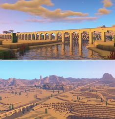 two views of the same bridge in minecraft