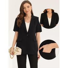 Looking for a stylish and sophisticated addition to your work wardrobe? Look no further than this lapel blazer for women. With its button-down front, lapel collar, and short sleeves, this blazer is the perfect combination of comfort and elegance. Whether you're dressing up for a big meeting or just want to add a touch of professionalism to your everyday look, this blazer is sure to impress. Pair it with some statement jewelry, dress pants, a skirt, or even jeans and you'll be ready to take on th Tailored Button-up Blazer For Career, Office Lady Blazer With Suit Collar, Professional Office Blazer With Button Closure, Professional Career Blazer With Pockets, Professional Blazer With Pockets For Career, Black Office Lady Blazer For Career, Single Breasted Career Blazer For Office, Office Lady Single Breasted Blazer, Single Breasted Blazer For Career