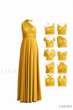 a yellow dress is shown with four different angles to fit the shape and color scheme