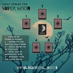 the tarot spread for super moon is shown in front of a full moon and tree