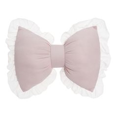 a pink and white bow tie with ruffles on the side, against a white background