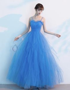 Blue Tulle Dress With Spaghetti Straps, Prom Dress Blue, Blue Evening Dress, Tulle Long Prom Dress, A Line Evening Dress, Blue Dress Formal, Blue Evening Dresses, Blue Tulle, A Line Prom Dresses