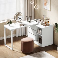 a white desk with two drawers and a stool next to it in a living room