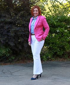 hot pink, blue and white work wear