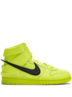 Neon-green leather x Ambush Dunk high-top sneakers from NIKE featuring signature Swoosh logo detail, perforated detailing, logo patch at the tongue, branded insole, round toe, front lace-up fastening, ankle-length and flat rubber sole. Green Basketball Shoes With Rubber Sole For Streetwear, Green Basketball Shoes For Streetwear, Green High-top Basketball Shoes For Streetwear, Green High-top Sneakers For Light Sports With Rubber Sole, Green Leather Basketball Shoes With Boost Midsole, Green Leather Lace-up High-top Sneakers, Green High-top Sneakers With Boost Midsole For Light Sports, Green Leather Basketball Shoes For Streetwear, Green High-top Basketball Shoes With Laces