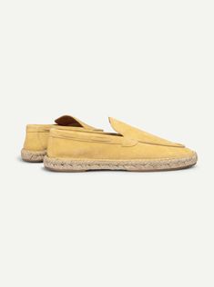 These Aurélien Espadrilles Beachside Loafers Yellow for Men Size 8/8.5 symbolize Mediterranean style and ultimate comfort. A combination of traditional details and a contemporary twist. This model is made in  Suède. The  Shoes are made entirely by hand in Italy. For exclusive, luxurious and handmade Italian Shoes you've come to the right place at Aurélien! Italian Shoes, Mediterranean Style, Steel Blue, Light Yellow, Calf Skin, Timeless Fashion, Espadrilles, Dark Blue, Light Blue