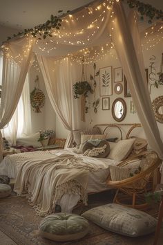 a bedroom with lights strung from the ceiling and curtains over the bed, along with wicker furniture