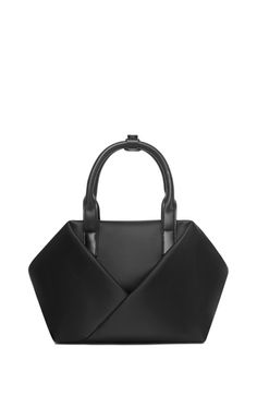 a black leather handbag with an open front and two handles, on a white background