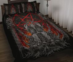 Skull Satanic Goat Satanic Pentagram Flame Quilt 3 Piece Set Silver Version-Satanic Occult Bedding-Satanic Quilt-All of our Quilt Bed Sets are custom-made-to-order and handcrafted to the highest quality standards. Each quilt features a premium polyester print for beautiful color vibrancy, even after washing. Constructed from an ultra-soft polyester fabric with a hypo-allergenic cotton filling. The diamond stitched pattern gives a luxurious feel that is cozy and breathable, perfect for all year r Occult Bedding, Cat Shrine, Goth Satanic, Satanic Pentagram, Satanic Goat, Skull Duvet Cover, Inverted Pentagram, Skull Bedding, Goth Home Decor