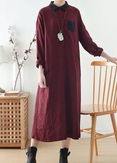 Wine Red Large Linen Long Shirt Dress RobeFabric: Linen cotton Size & Fit: Fit: This garment fits true to size.Length: Size XL measures 44.85"from shoulder to hemBust: Great for any cup size. Waist: Loose Fit. Comfortable room throughout midsection.Hip: Loose Fit - room for hips. Hand Wash Cold. Patchwork Shirts Women, Long Fall Dresses, Spring Knits, Maxi Dresses Fall, Velvet Skirt, Plus Size Sweaters, Comfortable Room, Long Shirt Dress, Modern Dress