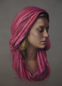 a painting of a woman with pink hair and a scarf on her head, looking down