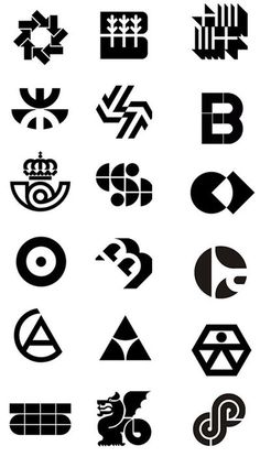 various logos that are black and white on a white background, each with different shapes