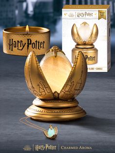 a golden harry potter egg with its lid open and the box next to it on a table