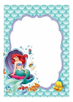 the little mermaid is sitting on top of an open shell with fish and bubbles around it