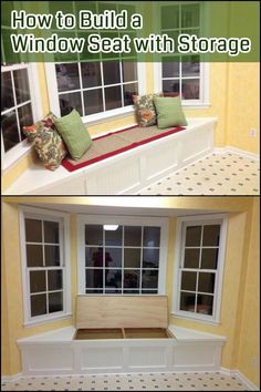 before and after pictures of a window seat in a room that has been painted yellow