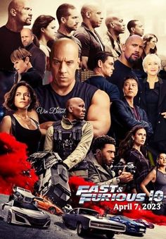 the fast and the furious movie poster with many people around it, including one man on a motorcycle