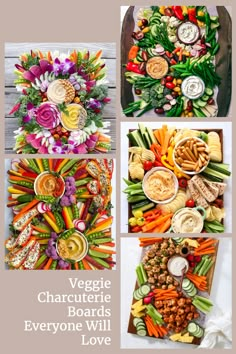 a collage of pictures with different types of food in them and the words veggie charcuterie boards everyone will love