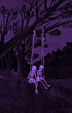 two skeletons sitting on a swing under a tree in the night sky with purple hues