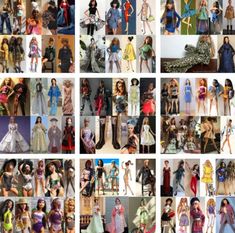 many different pictures of barbie dolls in various poses and sizes, all with clothes on them