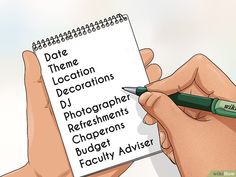 someone is writing on a notepad with a pen in their hand and the words date, location, decorations, photography, crayons, budget, faculty adviser