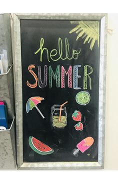 a chalkboard with the words hello summer written on it