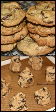 chocolate chip cookies are stacked on top of each other and ready to go in the oven