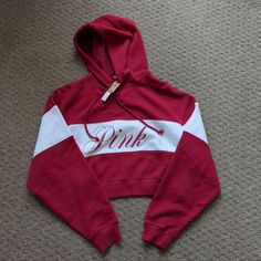 Nwt Never Worn Spring Red Letter Print Hoodie, Matching Sweats, Victorias Secret Set, Vs Pink Leggings, Outfit Hoodie, Gray Sports Bra, Victoria Secret Hoodies, Bracelet Design, Pink Dog