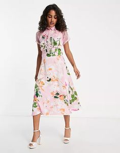 Liquorish Petite a line lace detail midi dress in floral | ASOS Spring A-line Midi Dress With Lace Trim, Floral Print Midi Dress For Work, Floral Print Chiffon Midi Dress For Garden Party, Summer Floral Midi Dress For Work, Feminine Spring Midi Dress With Lace Trim, Pink Floral Print Knee-length Midi Dress, Pink Lace Midi Dress With Lace Trim, Pink Lace Trim Midi Dress, Summer Midi Dress With Lace Trim For Work