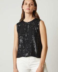 Velvet Maison Tank Top in Black Chic Embellished Sleeveless Crop Top, Contrast Sequin Cropped Top For Evening, Cropped Crop Top With Contrast Sequin For Evening, Chic Contrast Sequin Crop Top For Night Out, Sleeveless Contrast Sequin Top For Night Out, Chic Crop Top With Contrast Sequin For Night Out, Cropped Contrast Sequin Tops For Party Season, Sleeveless Contrast Sequin Crop Top For Party, Chic Embellished Tank Top For Party