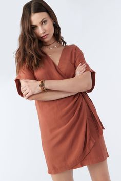 EMILEE WRAP DRESS Flowy Short Dress, Brown Wrap Dress, Ladies Lounge, Soft Feminine Outfits, Romper Fall, Feminine Outfits, Chose Outfit, Wrap Dress Short, Soft Feminine