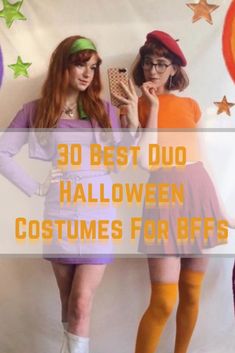 two women dressed up in halloween costumes with the words 30 best duo halloween costumes for girls