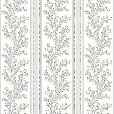 a white and blue striped wallpaper with flowers on it