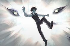 a man flying through the air while wearing a suit and holding his hands out in front of him