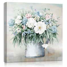 a painting of white and blue flowers in a bucket