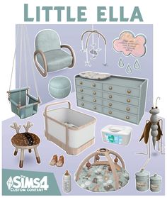 a baby's nursery room is shown in pastel blue and gray colors with accessories