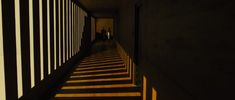 long shadows cast on the wall and floor in an empty hallway with people walking down it