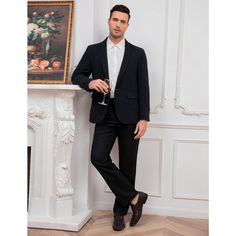 This blazer is made of high quality material, we are having the most experienced tailors to handmake these tuxedos with the finest fabric and material. With notch lapel, one button closure, three button cuffs, two front flap pockets, lined with pockets, comes in a variety of colors. Great for party, performance, banquet, wedding, graduation ceremony, proms, never let you fade in front of crowd. All-over printing offer cheer to the festival. Perfect choice for your dad, adult son, boyfriend, and Winter Formal Three-piece Suit, Classic Double Breasted Long Sleeve Suit For Party, Classic Long Sleeve Double Breasted Suit For Party, Elegant Slim Fit Blazer For Party, Elegant Black Tweed Jacket With Suit Collar, Elegant Slim Fit Party Blazer, Classic Tweed Jacket With Suit Collar For Formal Occasions, Formal Winter Suits In Suiting Fabric, Winter Formal Suits In Suiting Fabric