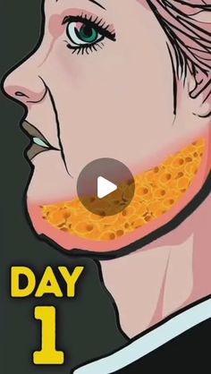 a woman with her mouth covered in something yellow and has the words day 1 written on it