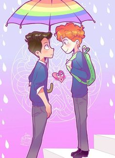 two young men standing under an umbrella in the rain, one holding a pink heart