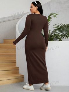 Brown Bodycon Long Sleeve Dresses, Brown Stretch Long Sleeve Maxi Dress, Brown Long Sleeve Bodycon Midi Dress, Brown Bodycon Long Sleeve Midi Dress, Brown Long Sleeve Solid Maxi Dress, Neck Bodycon Dress, Dress P, Fashion Online Shop, Online Fashion