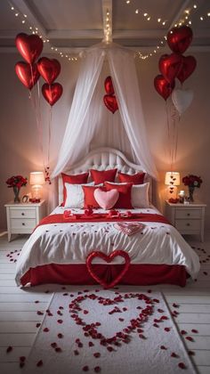 a bedroom decorated in red and white with heart shaped balloons floating over the bed,