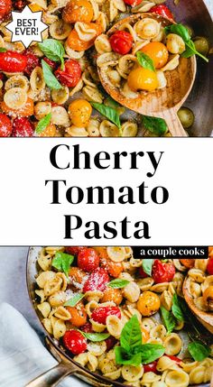 cherry tomato pasta in a skillet with text overlay