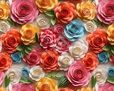 colorful paper flowers are arranged on the wall