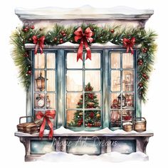 a watercolor painting of a window decorated for christmas