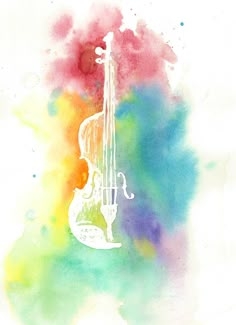 a watercolor drawing of a violin on a white background with the colors of the rainbow